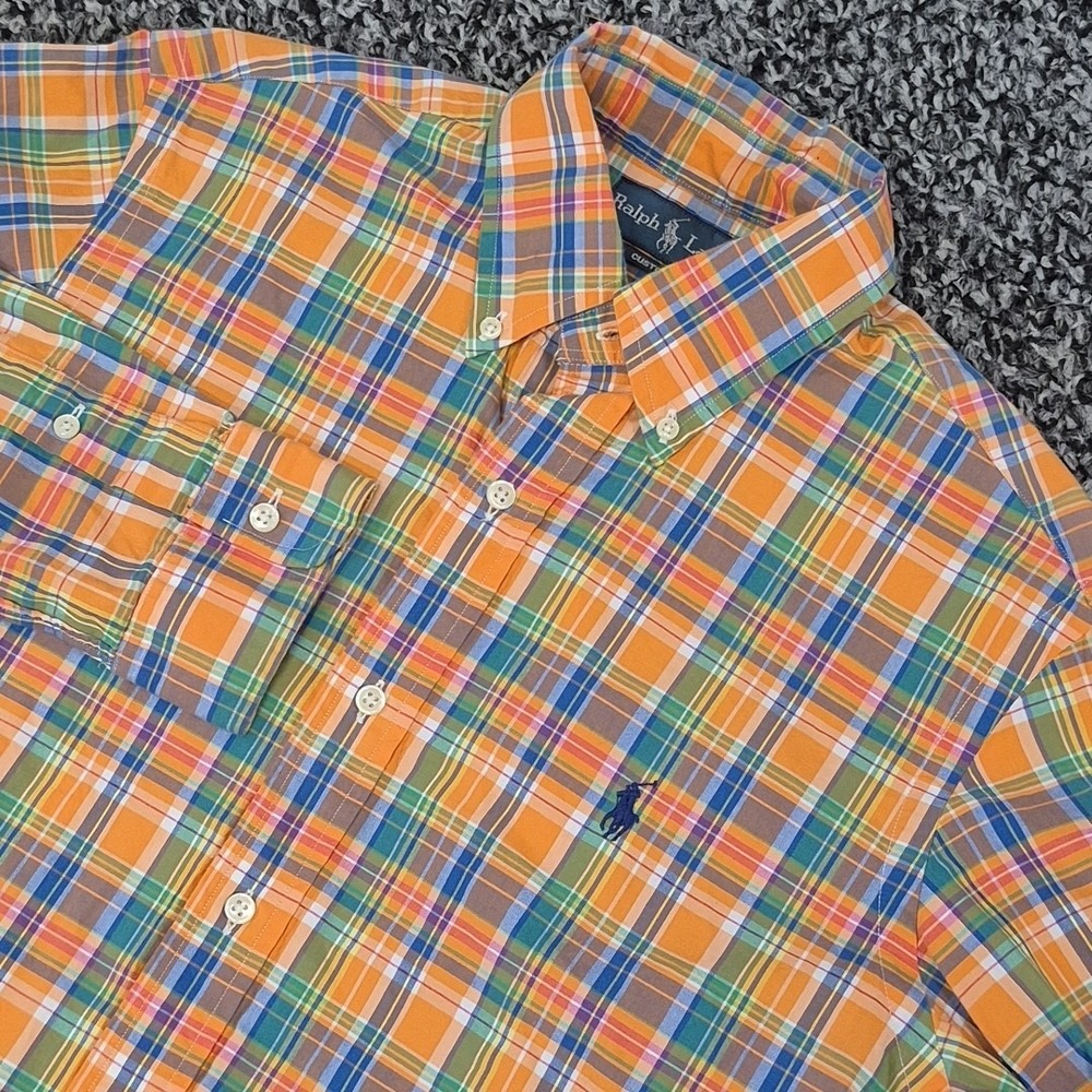 Ralph Lauren Long Sleeve Mens Small Button Down Shirt Orange Plaid Pastel Easter